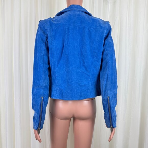Women's SL8 Genuine Suede Asymmetric Zipper Accent Crop Moto Jacket Blue Size MD - Picture 4 of 17